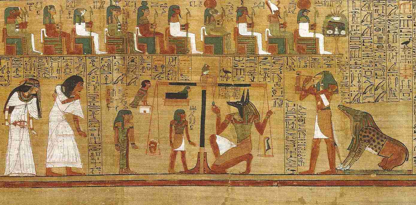 Detail from the Papyrus of Ani, showing Ani and his wife entering at left.  Please click to see complete image.
